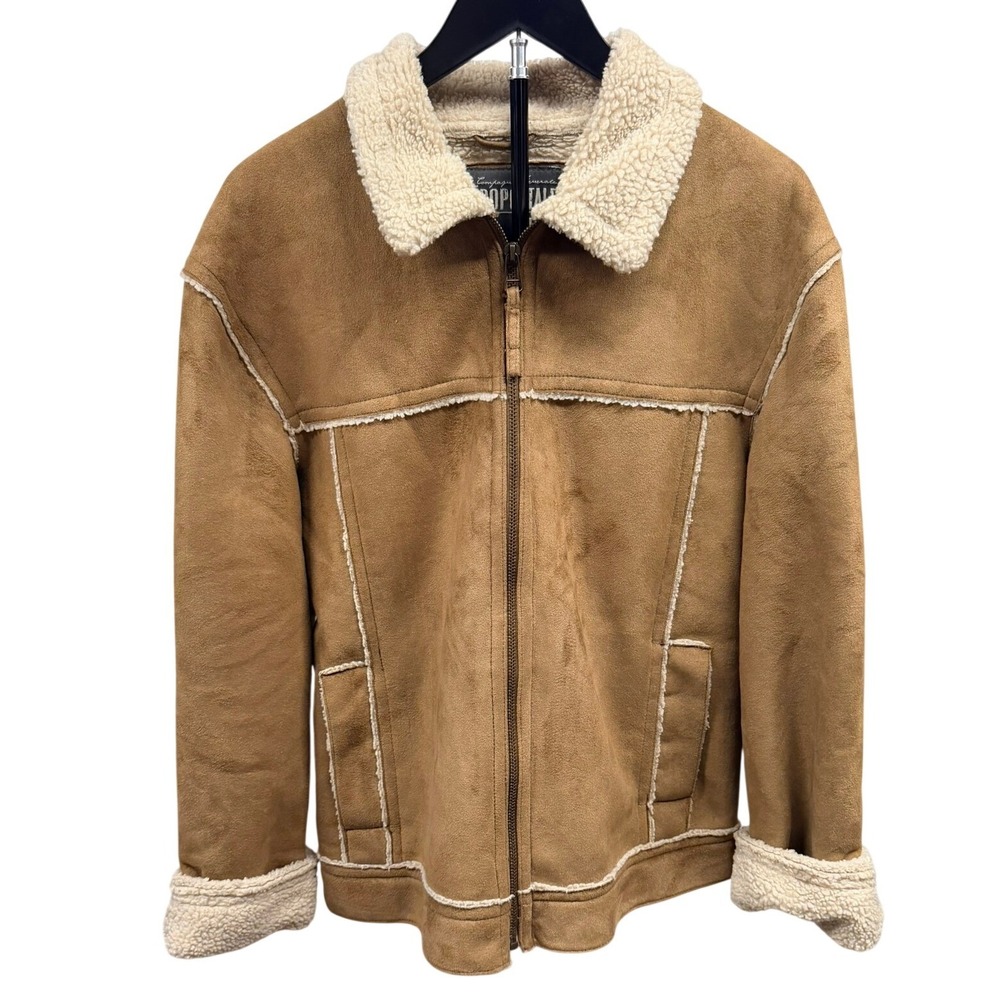 Aero VIntage Y2K Mens Suede Sherpa Lined Aviator Jacket Tan Brown Full Zip Large